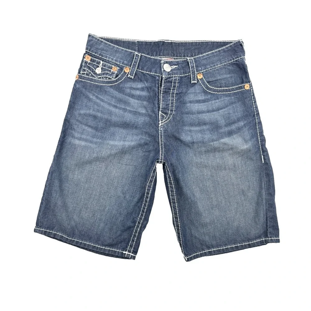 True Religion Surf Board Shorts Men's Size 34 Blue Denim Swim Trunks Y2K